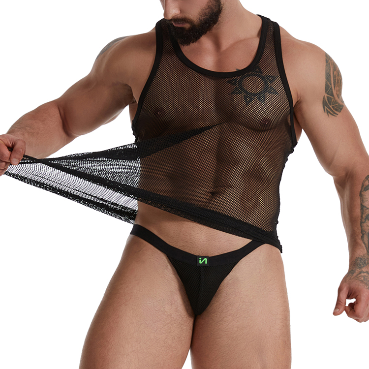 Gay Club Black See-through Fishnet Top Tank and Jockstraps