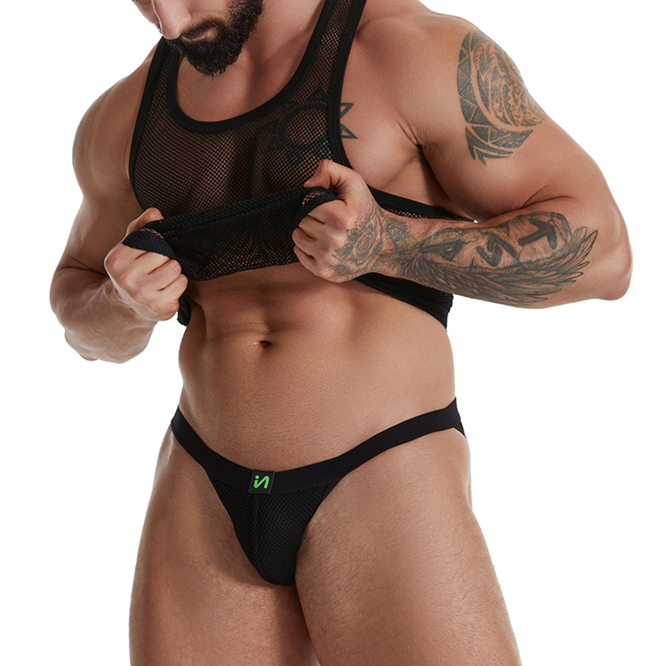 Gay Club Black See-through Fishnet Top Tank and Jockstraps