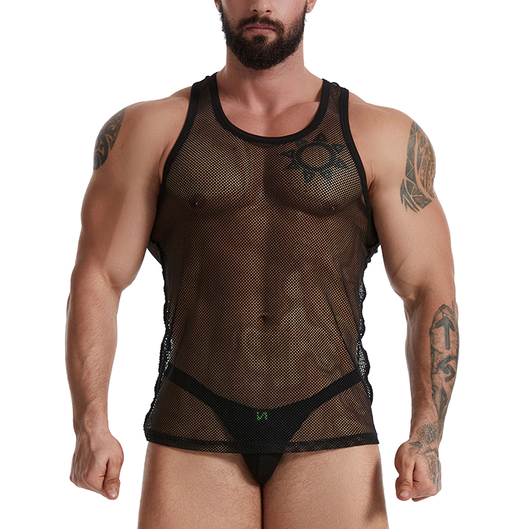 Gay Club Black See-through Fishnet Top Tank and Jockstraps