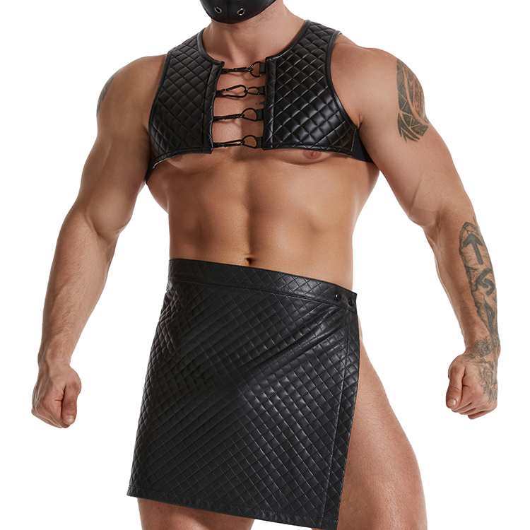 Mens Sexy Club Leather Vest And PU Skirts Underwear