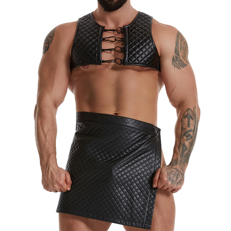 Mens Sexy Club Leather Vest And PU Skirts Underwear