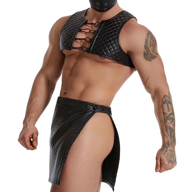 Mens Sexy Club Leather Vest And PU Skirts Underwear